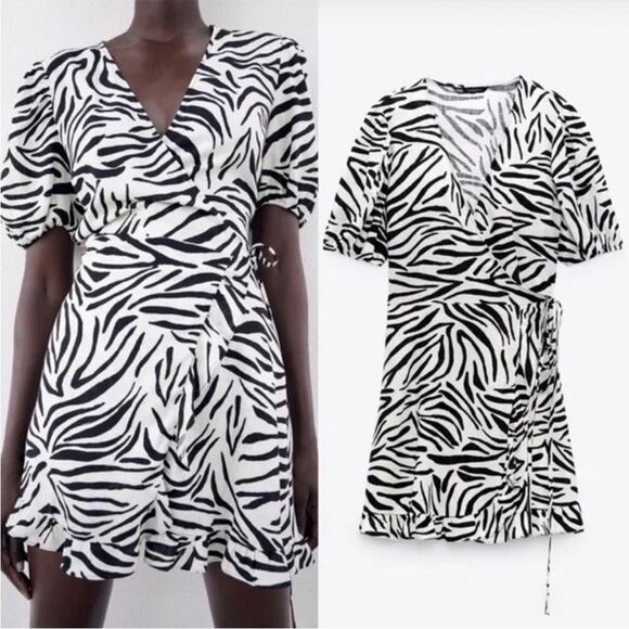 ZARA Wrap Dress Animal Zebra Print Black & White xs - Picture 2 of 8